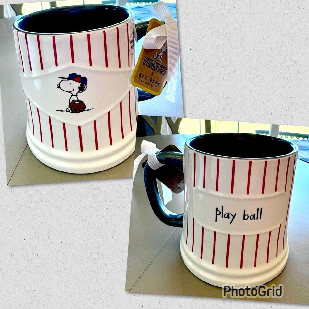 NWT Gorgeous Rae Dunn Peanuts Snoopy Play Ball Baseball Double Sided Big Mug